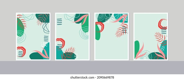 Las habitaciones están decoradas con cuatro cuadros de tela. Fondo tropical con hojas. Afiche de verano para el diseño interior de oficina, comedor y dormitorio. 