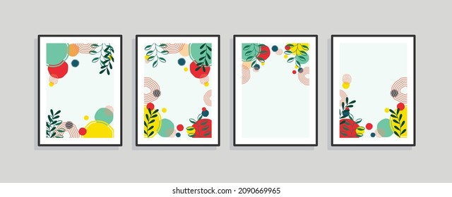 Las habitaciones están decoradas con cuatro cuadros de tela. Fondo tropical con hojas. Afiche de verano para el diseño interior de oficina, comedor y dormitorio. 