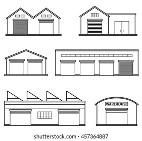 Set Of Four Warehouses. Warehouse Icon. Storehouse Building Isolated In Flat Style.