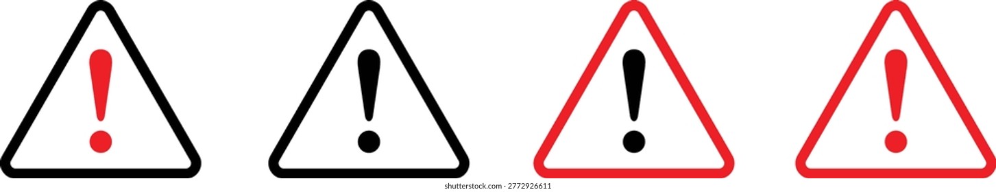 A set of four warning signs with exclamation marks in different colors and styles on isolated white background