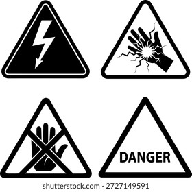 Eine Reihe von vier Warnschildern, die verschiedene Gefahren anzeigen, darunter elektrische Gefahr, Handverletzung, Verbot und allgemeine Gefahr.