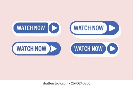 Set of Four "WATCH NOW" Buttons in Blue and White with Play Icons on Light Pink Background