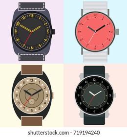 Set of four watches. Clock face with hour, minute and second hands. Vector illustration.