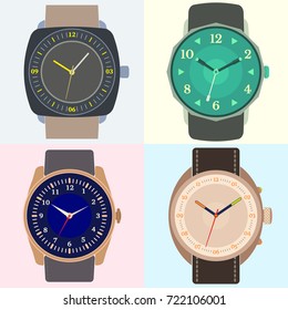 Set of four watches. Clock face with hour, minute and second hands. Vector illustration.