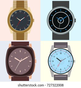 Set of four watches. Clock face with hour, minute and second hands. Vector illustration.
