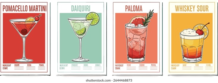 Set of four watercolor cocktail recipe illustrations: Pomacello Martini with lemon slice, Daiquiri with lime garnish, Paloma with grapefruit wedge and rosemary, Whiskey Sour with cherry
