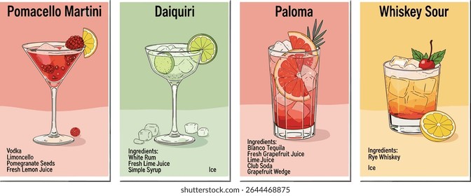 Set of four watercolor cocktail recipe illustrations: Pomacello Martini with lemon slice, Daiquiri with lime garnish, Paloma with grapefruit wedge and rosemary, Whiskey Sour with cherry