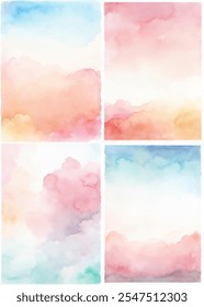 Um conjunto de quatro aquarelas pinturas de nuvens com cores diferentes. As pinturas são todas diferentes, mas têm um tema semelhante de nuvens