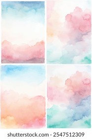 Un conjunto de cuatro acuarelas de nubes y cielo. Las pinturas son de diferentes colores y tamaños, pero todas tienen un tema similar de la naturaleza y el cielo. El sentimiento de las pinturas es tranquilo