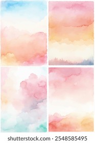 Um conjunto de quatro aquarelas com um fundo de céu rosa e azul. As pinturas são todas diferentes em cor e estilo, mas todas têm um clima semelhante de calma e serenidade