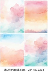 A set of four watercolor paintings with a sky background. The paintings are all different colors and have a dreamy, whimsical feel to them