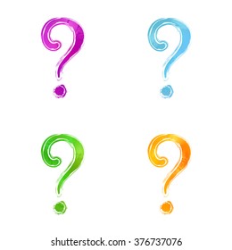Set of four watercolor question marks, violet, blue, green, yellow. Painted design elements. Illustration for web or typography (magazine, brochure, flyer, poster).