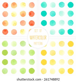 Set of four watercolor simple polka dot patterns. Seamless patterns on the white background. Vector illustration.