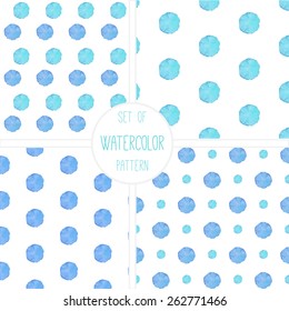 Set of four watercolor simple polka dot patterns. Seamless patterns on the white background. Vector illustration.