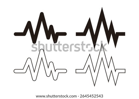 Set of four waveform or pulse line icons in different styles. Representing audio, heartbeat, or signal frequency in modern flat vector design.