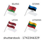 Set of four waving flag of Belarus, Estonia, Latvia and Lithuania. Simple symbols with flags isolated on a white background