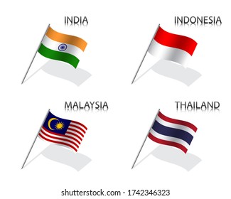 Set of four waving flag of India, Indonesia, Malaysia and Thailand. Simple symbols with flags isolated on a white background