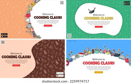 Set of four web banners with invitation to cooking classes. Web pages, posters with culinary courses advertising. Colorful kitchen wallpapers with food preparation info for mobile app or website