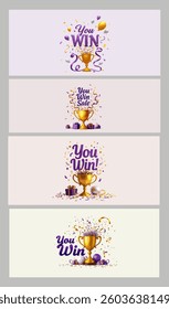 Set Of Four Web Horizontal You Win Sale Banners With Cup Confetti And Gifts In Purple And Golden Colors Isolated On White Vector Design