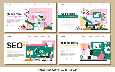 Set of four web page templates for business SEO and solutions, mobile app development and web design, colored vector illustration