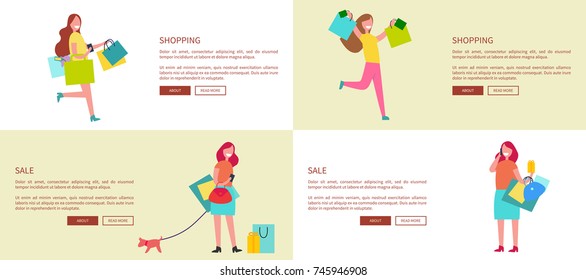 Set of four web-pages representing shopping women with bags and presents for their families as well as text and buttons sample vector illustration