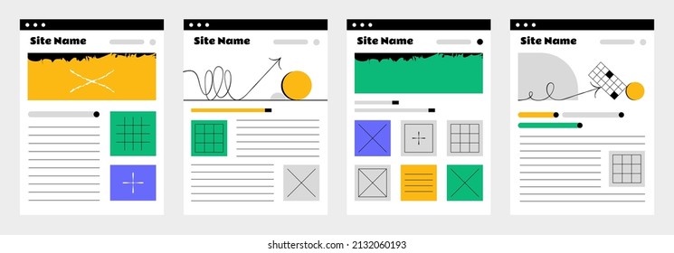 Set of four website mockup wireframe ui templates for sitemap 