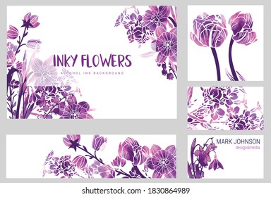 Satz von vier Einladungskarten für die Hochzeit, Frühlingsblumen mit violetter Alkoholfarbe, handgezeichnet, Vektorgrafik