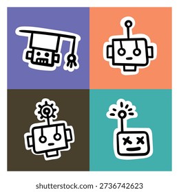 Set of four weird hand-drawn robots inside colorful boxes. Great for stickers, branding elements, playful tech designs, posters, and creative digital projects.