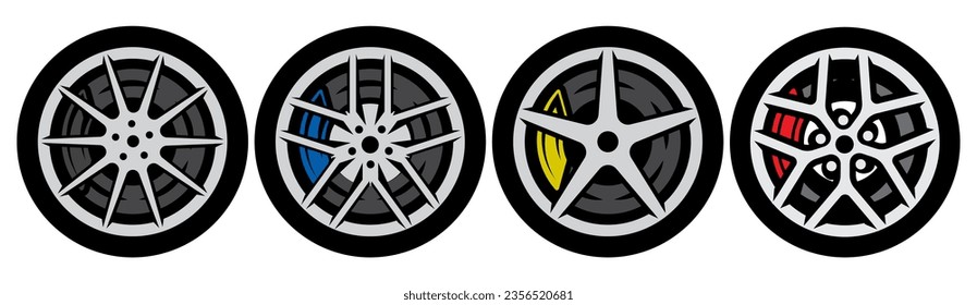 A set of four wheels with different rims in minimalist style. Template for design. Color vector illustration.