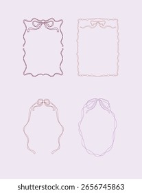 Set Of Four Whimsical Hand Drawn Linear Art Coquette Retro Frames Vector Design
