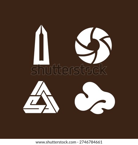A set of four white abstract icons on a brown background. The icons include a pen nib, a camera aperture, an impossible triangle, and an organic shape.