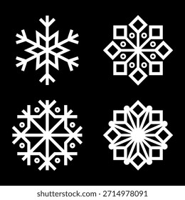 Set of four white geometric snowflake icons on a black background, minimal winter design