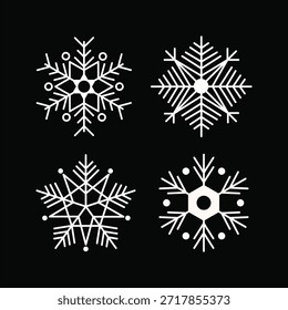 Set of Four White Geometric Snowflake Icons on Black Background, Winter Holiday, Christmas, and Cold Weather Decoration Vector Illustration
