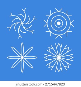 Set of four white geometric snowflakes in various styles including linear and circular designs on a blue background.