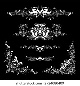 Conjunto de cuatro diseños adornados blancos sobre fondo negro, con patrones florales y Elementos arremolinados.