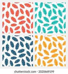 Set of four white seamless patterns with colorful feathers