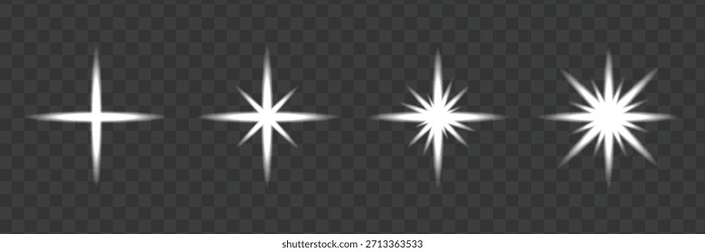 Conjunto de cuatro efectos de luz de destello blanco sobre fondo transparente oscuro