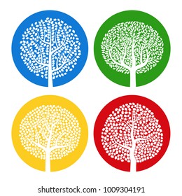 Set of four white trees with leaves on colorful round background. Vector illustration
