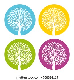 Set of four white trees with leaves on colorful round background. Vector illustration
