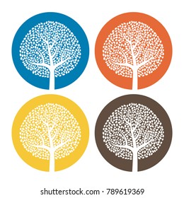 Set of four white trees with leaves on colorful round background. Vector illustration
