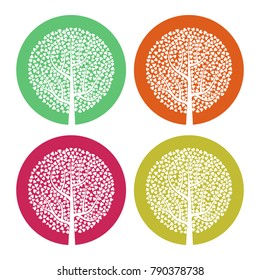 Set of four white trees with leaves on colorful round background. Vector illustration
