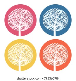 Set of four white trees with leaves on colorful round background. Vector illustration
