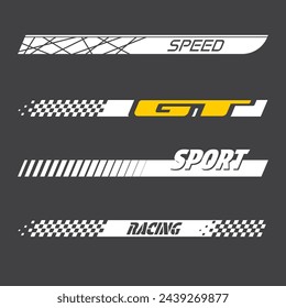 Set of four white and yellow sport racing decals. Different designs for race and moto sports with checkeres flags ans halftones