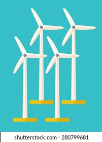 A set of four windmills. A Contemporary style with pastel palette, soft blue tinted background. Vector flat design illustration. Vertical layout.