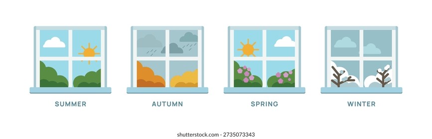 Set of four window views representing seasons with Summer, Autumn, Spring, Winter. Nature landscape vector illustration