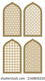 Set Of Four Windows With Ornament In Arabian Style Vector Illustration. Islamic Windows With Arabian Art Ornament Pattern
