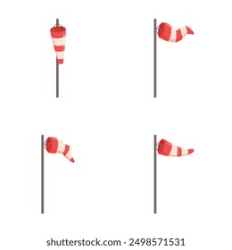 Set of four windsocks illustrating different wind speeds and directions on a clear background