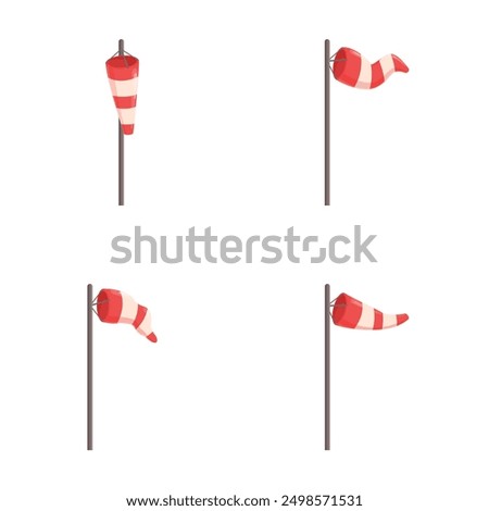 Set of four windsocks illustrating different wind speeds and directions on a clear background