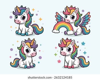 Set of four winged unicorns in cute and colorful cartoon style