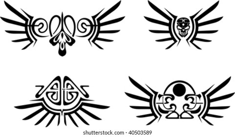 Set of four wings tribal tattoos.